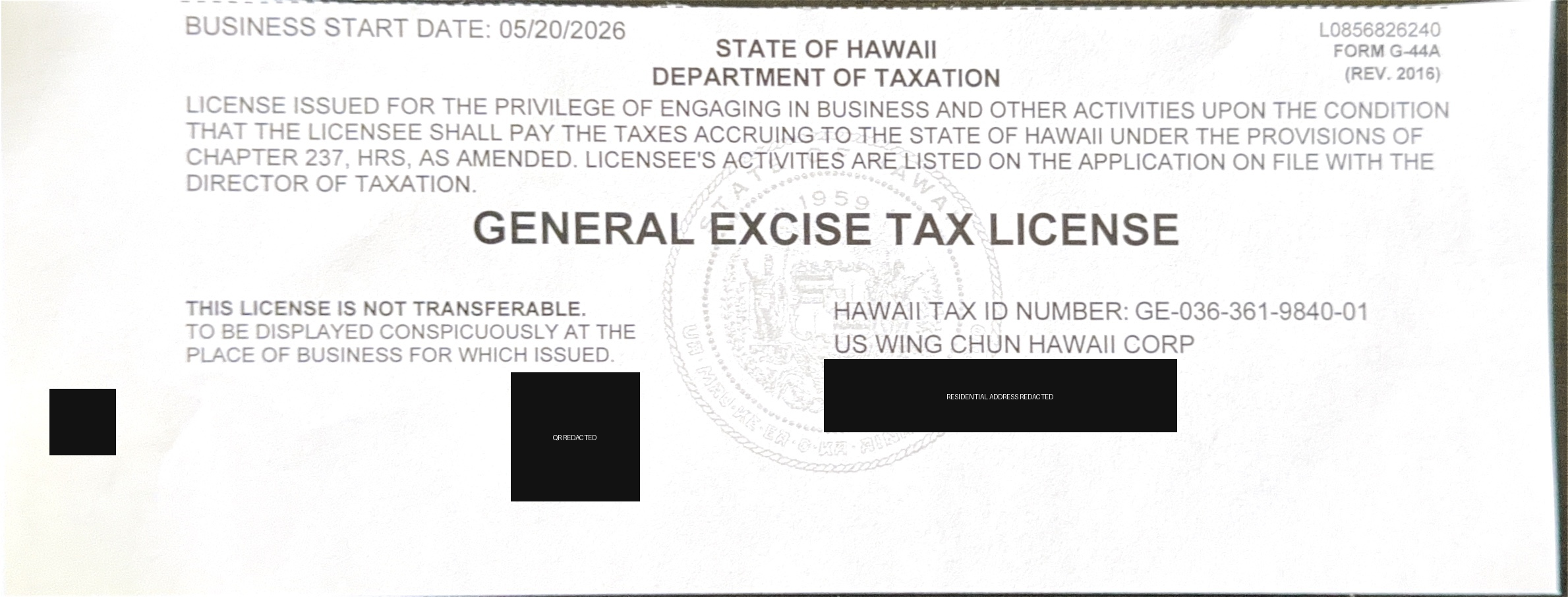 Redacted public copy of the US Wing Chun Hawaii General Excise Tax license